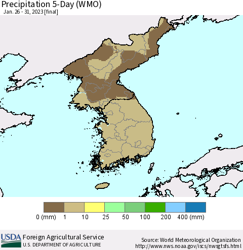 Korea Precipitation 5-Day (WMO) Thematic Map For 1/26/2023 - 1/31/2023