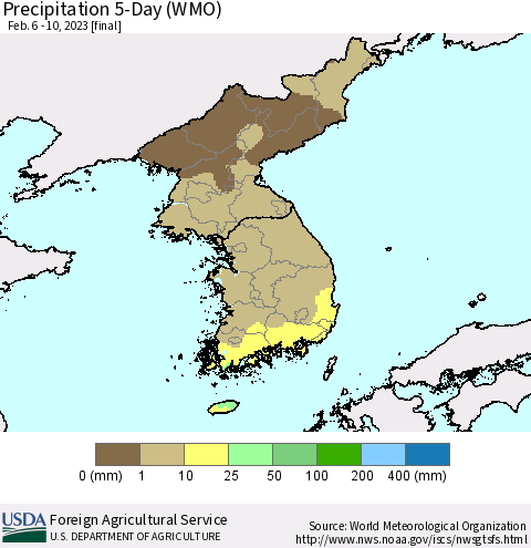 Korea Precipitation 5-Day (WMO) Thematic Map For 2/6/2023 - 2/10/2023
