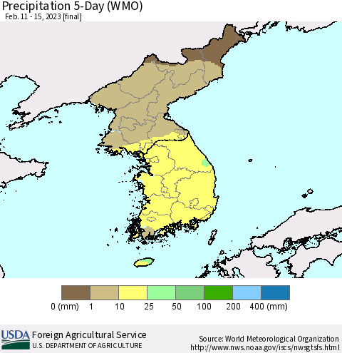 Korea Precipitation 5-Day (WMO) Thematic Map For 2/11/2023 - 2/15/2023