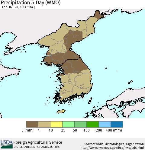 Korea Precipitation 5-Day (WMO) Thematic Map For 2/16/2023 - 2/20/2023