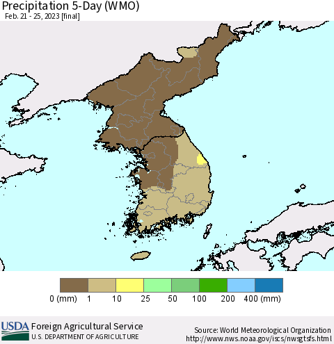 Korea Precipitation 5-Day (WMO) Thematic Map For 2/21/2023 - 2/25/2023