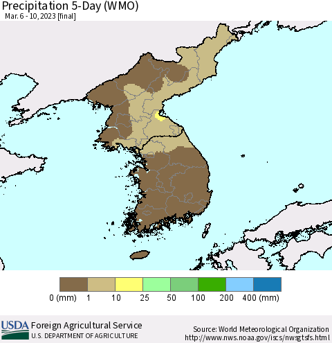 Korea Precipitation 5-Day (WMO) Thematic Map For 3/6/2023 - 3/10/2023