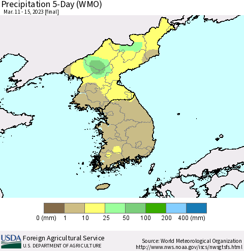 Korea Precipitation 5-Day (WMO) Thematic Map For 3/11/2023 - 3/15/2023