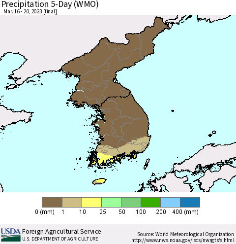 Korea Precipitation 5-Day (WMO) Thematic Map For 3/16/2023 - 3/20/2023