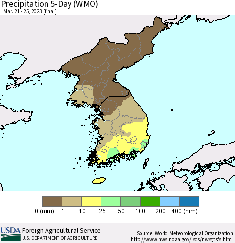 Korea Precipitation 5-Day (WMO) Thematic Map For 3/21/2023 - 3/25/2023