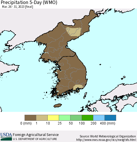 Korea Precipitation 5-Day (WMO) Thematic Map For 3/26/2023 - 3/31/2023