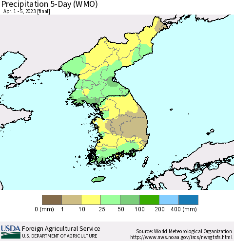 Korea Precipitation 5-Day (WMO) Thematic Map For 4/1/2023 - 4/5/2023