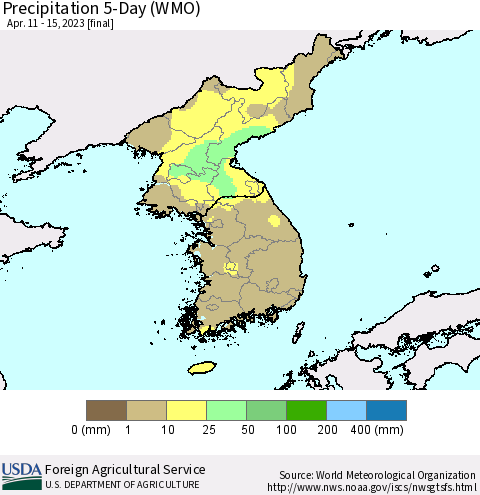 Korea Precipitation 5-Day (WMO) Thematic Map For 4/11/2023 - 4/15/2023