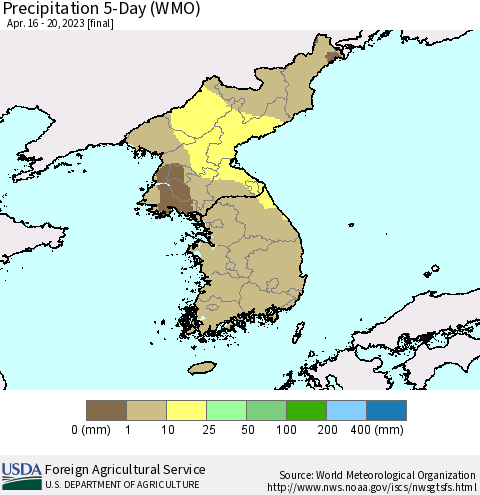Korea Precipitation 5-Day (WMO) Thematic Map For 4/16/2023 - 4/20/2023