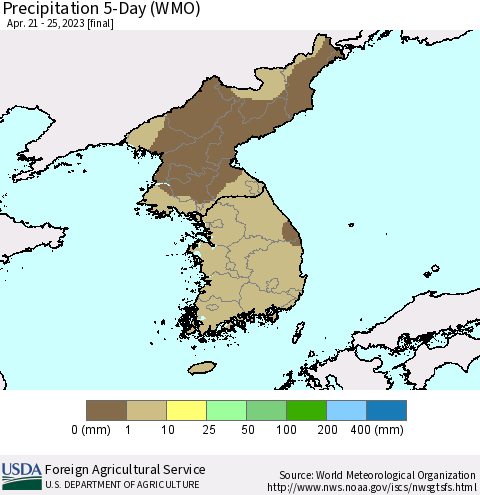 Korea Precipitation 5-Day (WMO) Thematic Map For 4/21/2023 - 4/25/2023