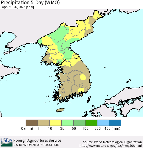 Korea Precipitation 5-Day (WMO) Thematic Map For 4/26/2023 - 4/30/2023