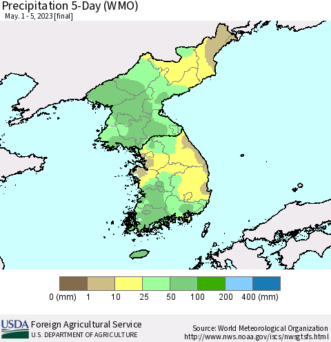 Korea Precipitation 5-Day (WMO) Thematic Map For 5/1/2023 - 5/5/2023