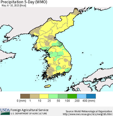 Korea Precipitation 5-Day (WMO) Thematic Map For 5/6/2023 - 5/10/2023