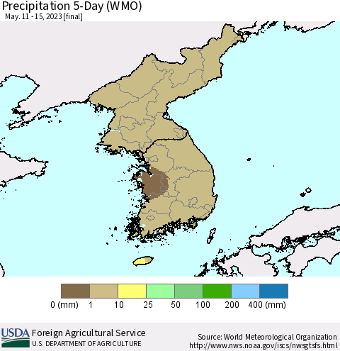 Korea Precipitation 5-Day (WMO) Thematic Map For 5/11/2023 - 5/15/2023