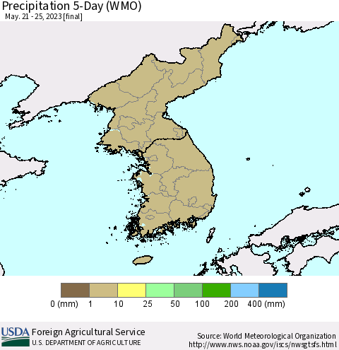 Korea Precipitation 5-Day (WMO) Thematic Map For 5/21/2023 - 5/25/2023