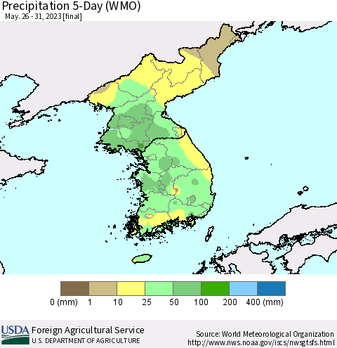Korea Precipitation 5-Day (WMO) Thematic Map For 5/26/2023 - 5/31/2023