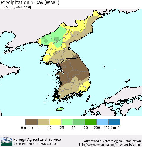 Korea Precipitation 5-Day (WMO) Thematic Map For 6/1/2023 - 6/5/2023