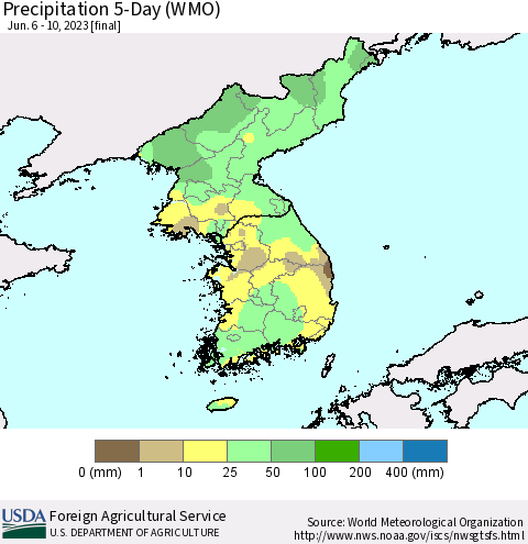 Korea Precipitation 5-Day (WMO) Thematic Map For 6/6/2023 - 6/10/2023