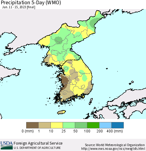 Korea Precipitation 5-Day (WMO) Thematic Map For 6/11/2023 - 6/15/2023