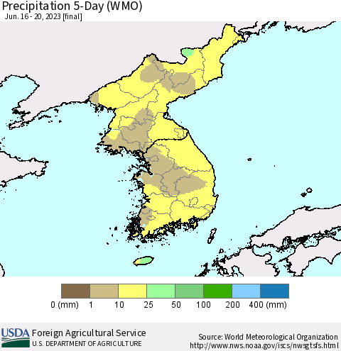 Korea Precipitation 5-Day (WMO) Thematic Map For 6/16/2023 - 6/20/2023