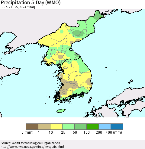 Korea Precipitation 5-Day (WMO) Thematic Map For 6/21/2023 - 6/25/2023