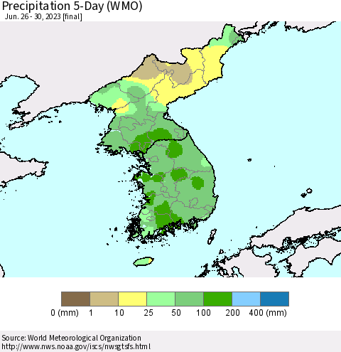 Korea Precipitation 5-Day (WMO) Thematic Map For 6/26/2023 - 6/30/2023