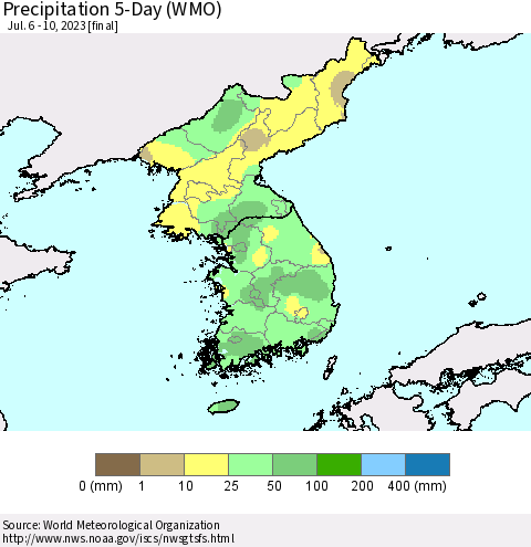 Korea Precipitation 5-Day (WMO) Thematic Map For 7/6/2023 - 7/10/2023