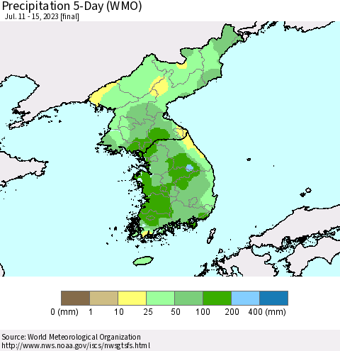 Korea Precipitation 5-Day (WMO) Thematic Map For 7/11/2023 - 7/15/2023