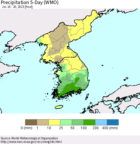 Korea Precipitation 5-Day (WMO) Thematic Map For 7/16/2023 - 7/20/2023