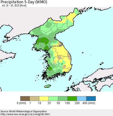 Korea Precipitation 5-Day (WMO) Thematic Map For 7/21/2023 - 7/25/2023