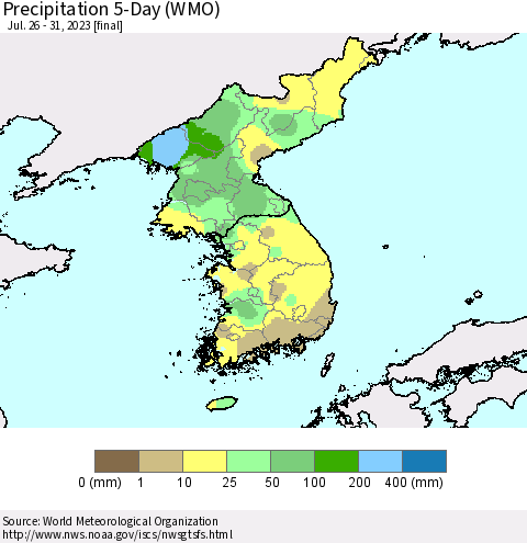 Korea Precipitation 5-Day (WMO) Thematic Map For 7/26/2023 - 7/31/2023
