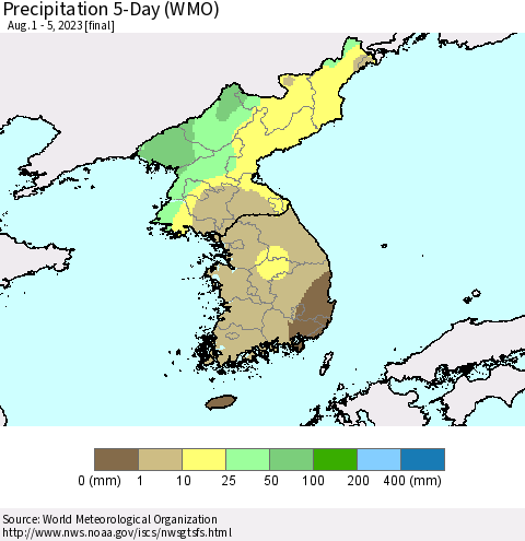 Korea Precipitation 5-Day (WMO) Thematic Map For 8/1/2023 - 8/5/2023