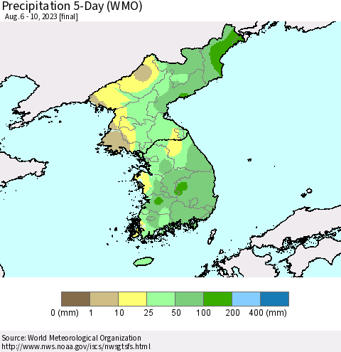 Korea Precipitation 5-Day (WMO) Thematic Map For 8/6/2023 - 8/10/2023