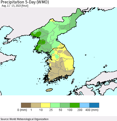Korea Precipitation 5-Day (WMO) Thematic Map For 8/11/2023 - 8/15/2023