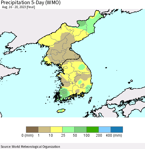 Korea Precipitation 5-Day (WMO) Thematic Map For 8/16/2023 - 8/20/2023
