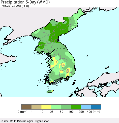 Korea Precipitation 5-Day (WMO) Thematic Map For 8/21/2023 - 8/25/2023