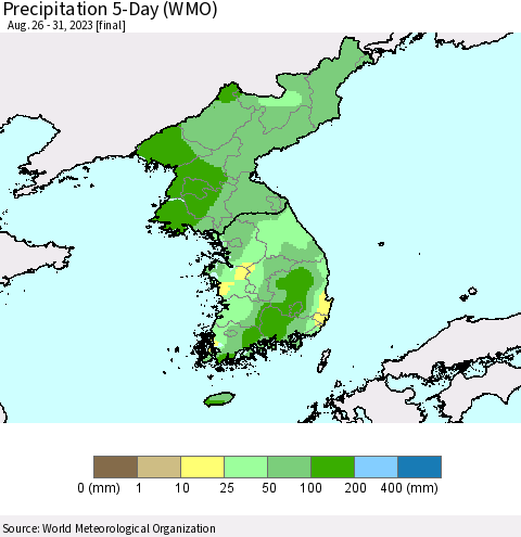 Korea Precipitation 5-Day (WMO) Thematic Map For 8/26/2023 - 8/31/2023