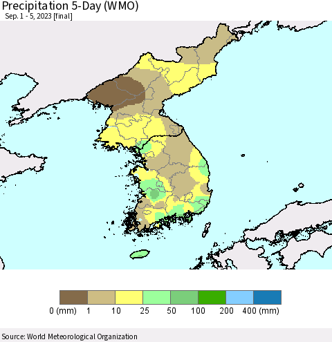 Korea Precipitation 5-Day (WMO) Thematic Map For 9/1/2023 - 9/5/2023