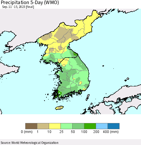 Korea Precipitation 5-Day (WMO) Thematic Map For 9/11/2023 - 9/15/2023