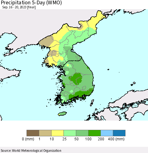 Korea Precipitation 5-Day (WMO) Thematic Map For 9/16/2023 - 9/20/2023