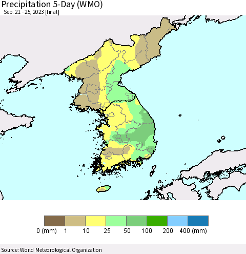 Korea Precipitation 5-Day (WMO) Thematic Map For 9/21/2023 - 9/25/2023