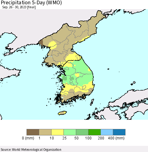 Korea Precipitation 5-Day (WMO) Thematic Map For 9/26/2023 - 9/30/2023