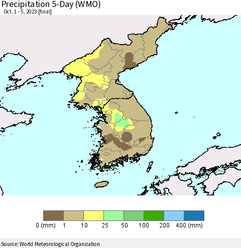 Korea Precipitation 5-Day (WMO) Thematic Map For 10/1/2023 - 10/5/2023