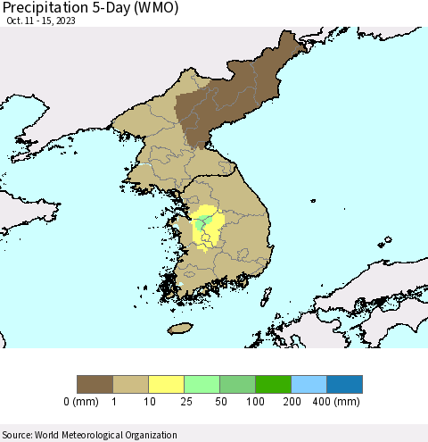 Korea Precipitation 5-Day (WMO) Thematic Map For 10/11/2023 - 10/15/2023