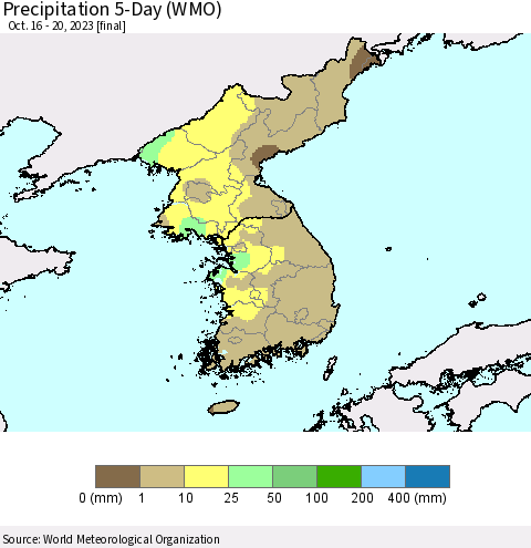 Korea Precipitation 5-Day (WMO) Thematic Map For 10/16/2023 - 10/20/2023