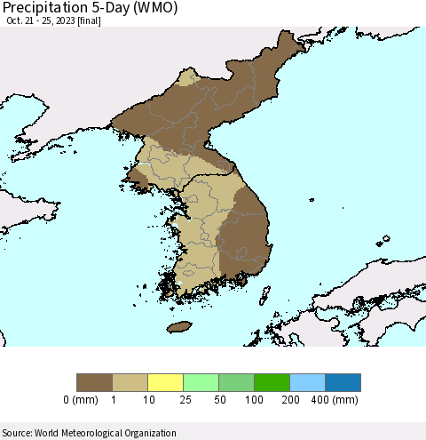 Korea Precipitation 5-Day (WMO) Thematic Map For 10/21/2023 - 10/25/2023
