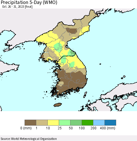 Korea Precipitation 5-Day (WMO) Thematic Map For 10/26/2023 - 10/31/2023