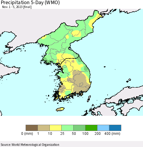 Korea Precipitation 5-Day (WMO) Thematic Map For 11/1/2023 - 11/5/2023