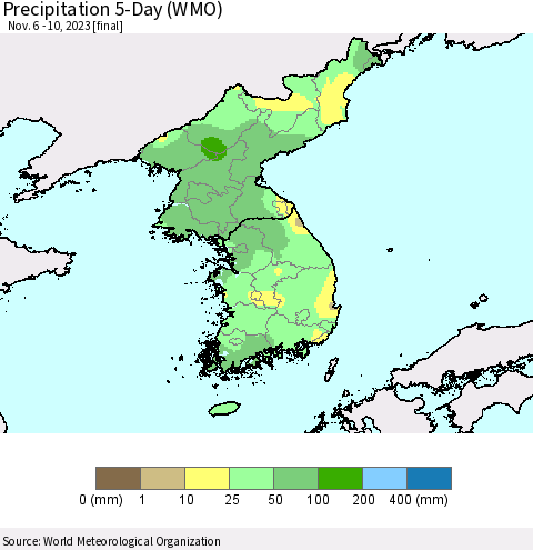 Korea Precipitation 5-Day (WMO) Thematic Map For 11/6/2023 - 11/10/2023