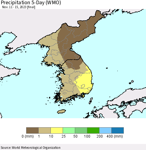 Korea Precipitation 5-Day (WMO) Thematic Map For 11/11/2023 - 11/15/2023